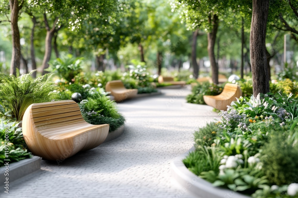 Fototapeta premium A realistic outdoor scene of a park, with lifelike trees, benches, and a water fountain, rendered with natural V-Ray lighting