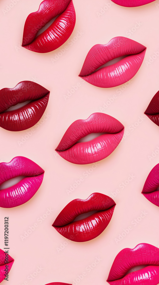 Obraz premium Glossy lips red, pink on a light background, concept for Valentine's Day. Beauty concept, cosmetology, makeup