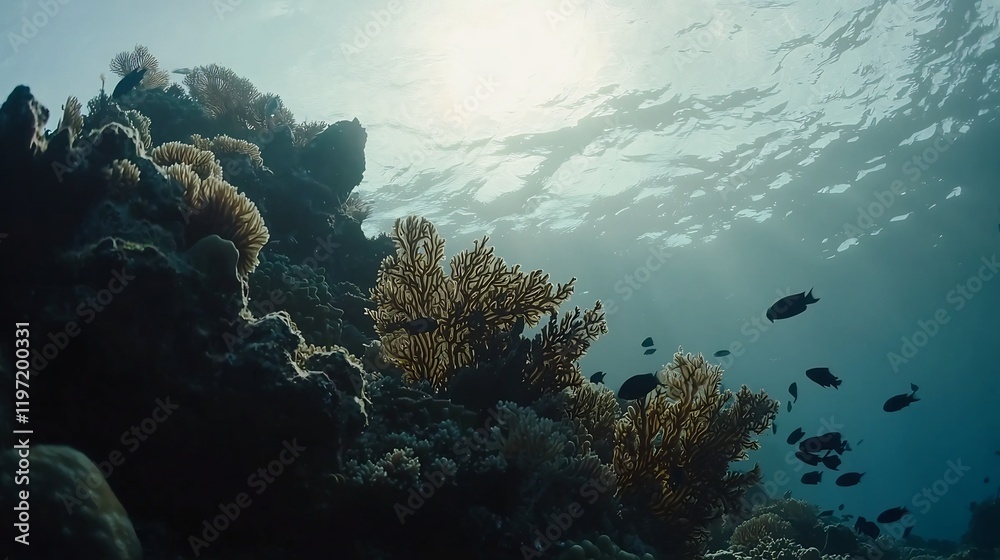 Fototapeta premium Underwater coral reef, sunlit ocean, vibrant marine life, tropical ecosystem, nature background