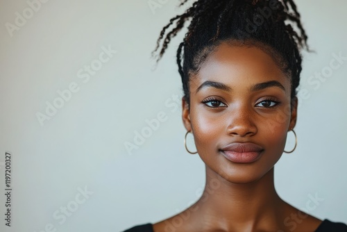 minimalistic portrait of African American young black woman 30 years old on light background, copy space