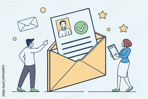 Flat design illustration, open envelope, resume document, profile picture, star rating, green checkmark, tiny business people, man in white shirt, woman in blue shirt, pale blue application, HR proces