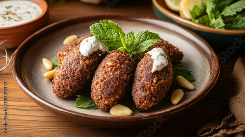 A delightful plate of Lebanese kibbeh nayeh, finely ground raw meat mixed with bulgur wheat, onions photo