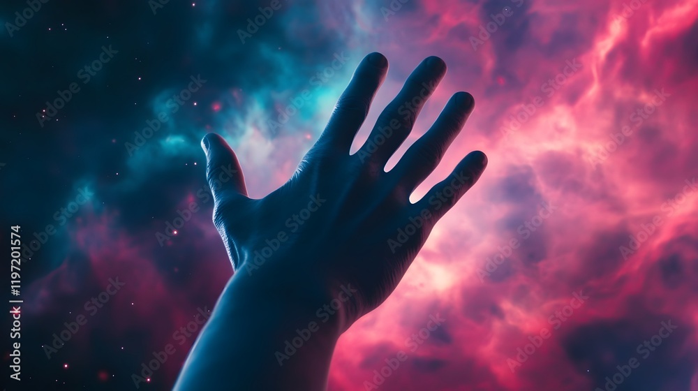 Astronaut Reaching to Touch Glowing Nebula in Vast Cosmic Expanse Astronaut Reaching to Touch Glowing Nebula in Vast Cosmic Expanse