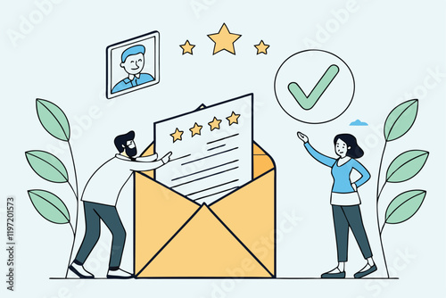 Flat design illustration, open envelope, resume document, profile picture, star rating, green checkmark, tiny business people, man in white shirt, woman in blue shirt, pale blue application, HR proces
