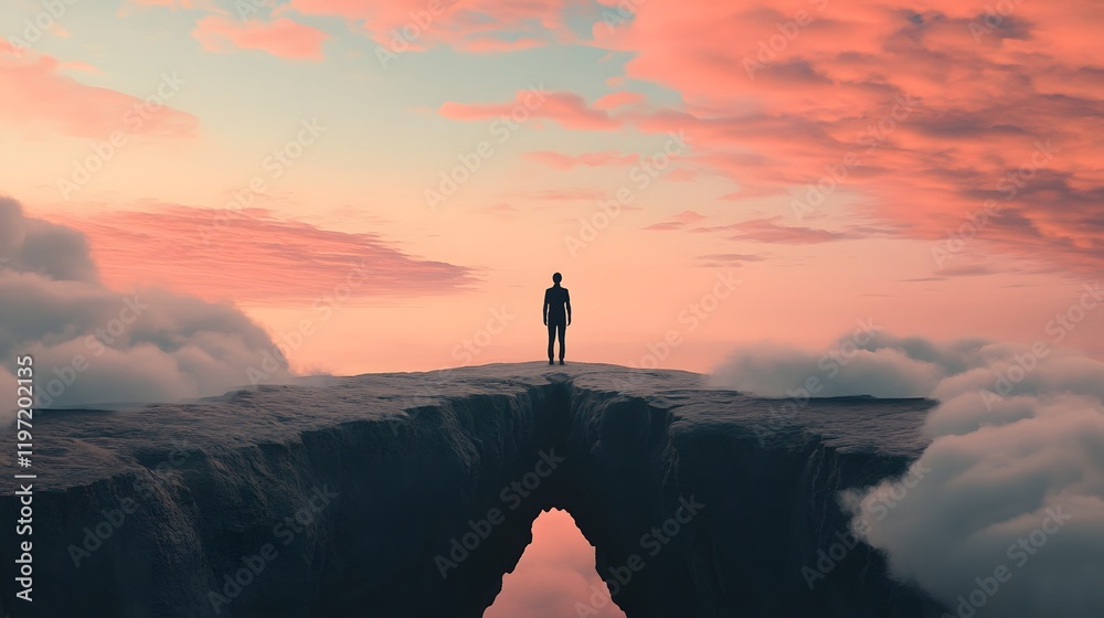 A lone figure silhouetted against a surreal sky at the edge of a cliff,defying gravity in a