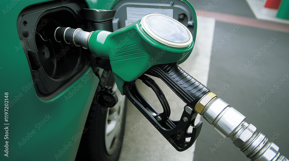 Close-up of a green and silver gasoline pump nozzle at a fueling station Close-up of a green and silver gasoline pump nozzle at a fueling station
