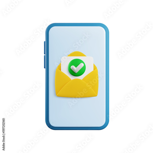 Cartoon Vector 3d mobile message icon. Realistic render open envelope with green yes check mark on smartphone screen. Confirmed incoming message notification. Checked email, successful mail delivery.