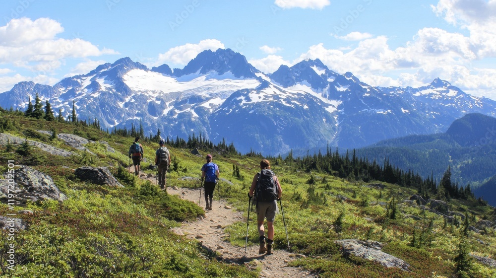 Group of hikers walking along a scenic mountain trail with snowy peaks in the background, symbolizing exploration and adventure. Group of hikers walking along a scenic mountain trail with snowy peaks in the background, symbolizing exploration and adventure.