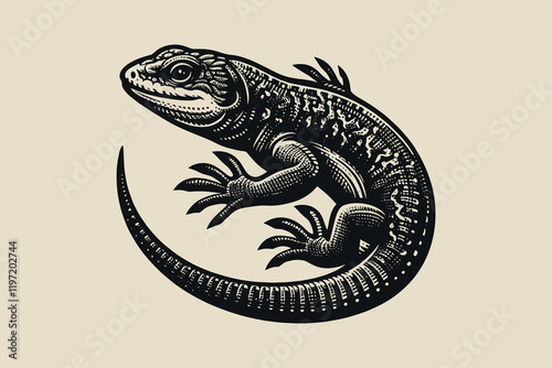 Vintage black and white lizard engraving, vector illustration