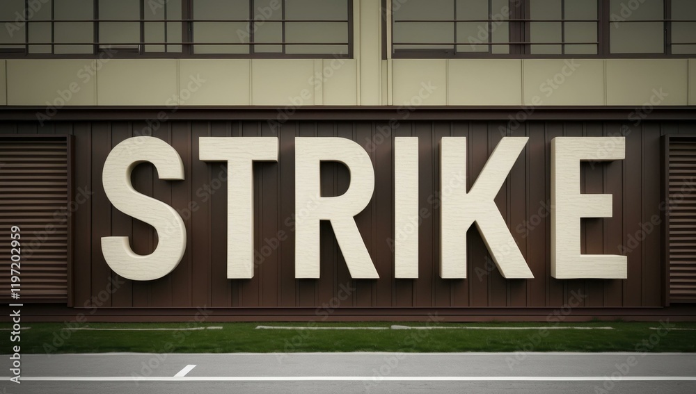 STRIKE text title in center and building quarters lodging base camp accommodation in deep brown ivory army green colors STRIKE text title in center and building quarters lodging base camp accommodation in deep brown ivory army green colors