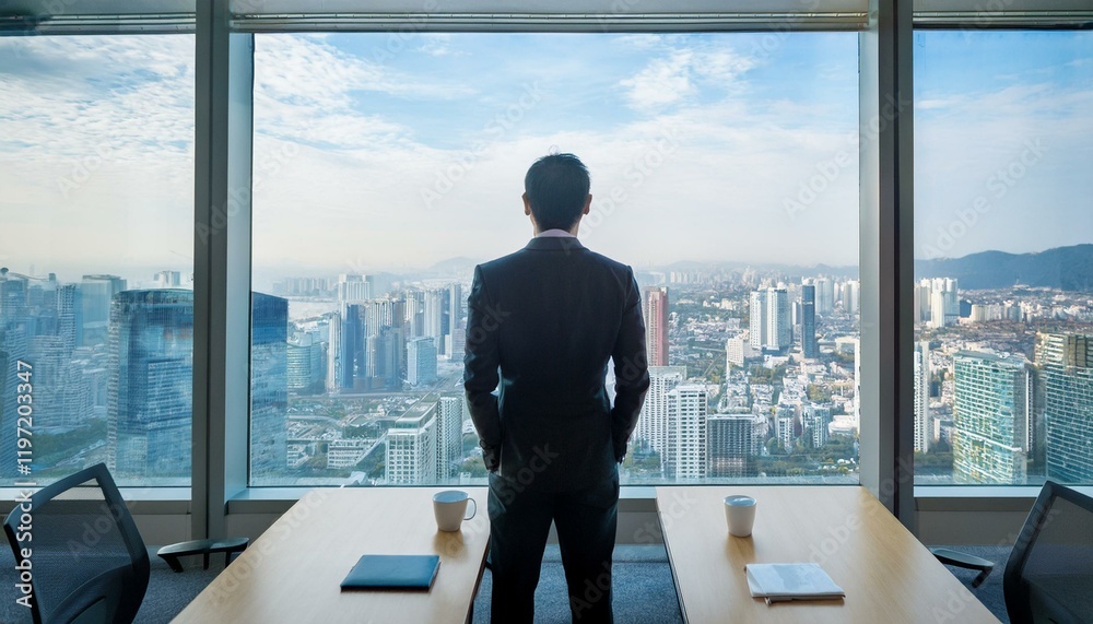 Fototapeta premium Back view of a person standing by a large window in a conference room with a city view looking out at the distant scenery