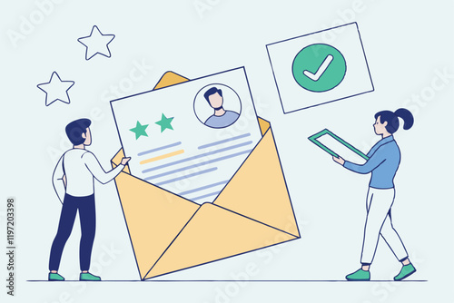 Flat design illustration, open envelope, resume document, profile picture, star rating, green checkmark, tiny business people, man in white shirt, woman in blue shirt, pale blue application, HR proces