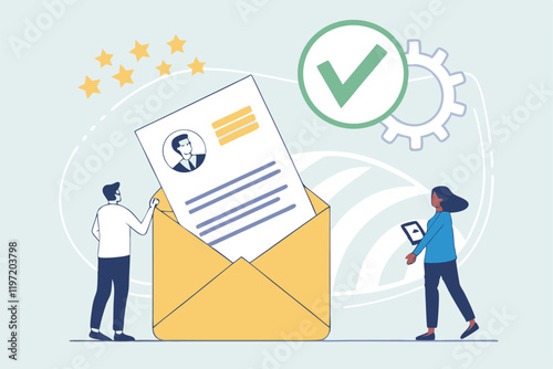 Flat design illustration, open envelope, resume document, profile picture, star rating, green checkmark, tiny business people, man in white shirt, woman in blue shirt, pale blue application, HR proces