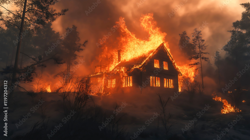 A burning wooden house in a forest, The fire is consuming the house and nearby trees within a dark forest A burning wooden house in a forest, The fire is consuming the house and nearby trees within a dark forest