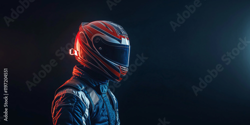A side profile of a racer wearing a red and black helmet with a dark visor, illuminated by a subtle backlight, against a dark dramatic background.