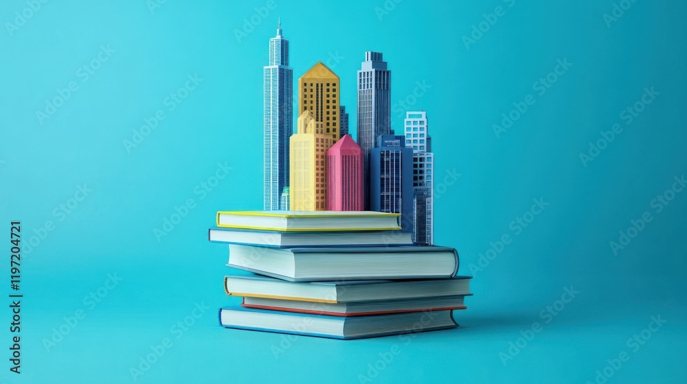 Colorful Cityscape on Stack of Books: Education, Urban Development, and Knowledge Colorful Cityscape on Stack of Books: Education, Urban Development, and Knowledge
