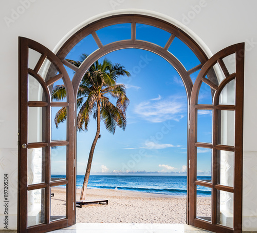 Fototapeta Naklejka Na Ścianę i Meble -  Large open window with a view of the ocean and a palm tree