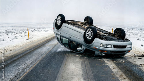 A silver car flipped over on a snowy road surrounded by a barren winter landscape. Concepts of accident, damage, bad weather, driving, emergency, help, problem, danger of driving