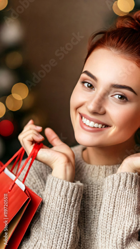 Smiling girl looking at camera and holding shopping bags on festive background. Concept of online shopping, goods, joy, pleasure, money, gifts, decorations, expectation, happiness, beauty