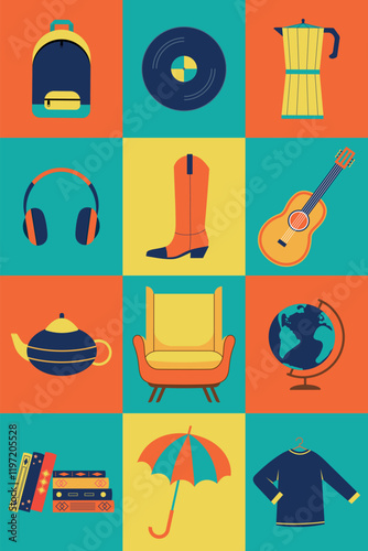 Retro style garage sale poster. Checkered advertising template for flea market, second hand. Vector illustration for banner, poster, advertising booklet.