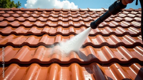 Wallpaper Mural High-pressure water cleaning a terracotta roof tile surface to remove dirt and grime Torontodigital.ca