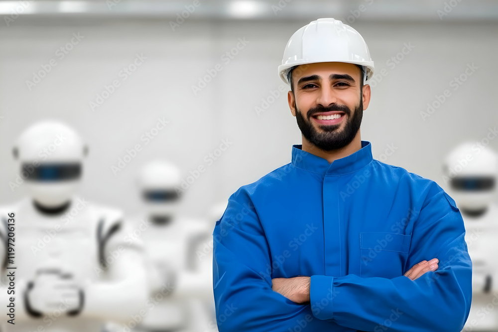 Smiling Engineer with Robots - Industrial Illustration Smiling Engineer with Robots - Industrial Illustration