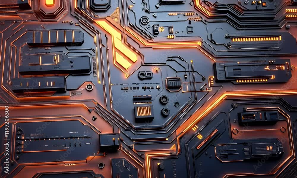 Futuristic Circuit Board Glowing Orange, Technology Background