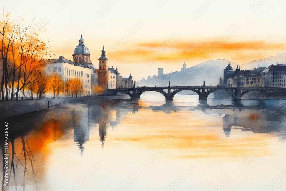 Naklejka premium A soft watercolor painting of the Vltava River during sunrise, with warm hues blending into the calm water and Prague skyline in the distance