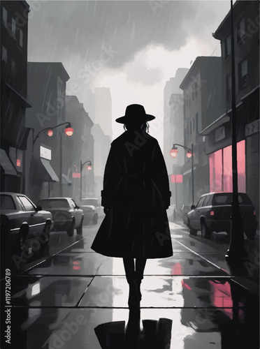 silhouette of a woman in a coat and hat on an empty street