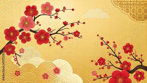 New Year Background with Traditional Elements and Plum Blossoms and Geometric Patterns for Vector Illustration.