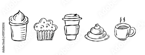 Sweet treats and beverages displayed in a stylish cafe setting with various desserts and drinks on a clean white background