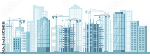 Cityscape with cranes and buildings under construction against the backdrop of high-rise buildings