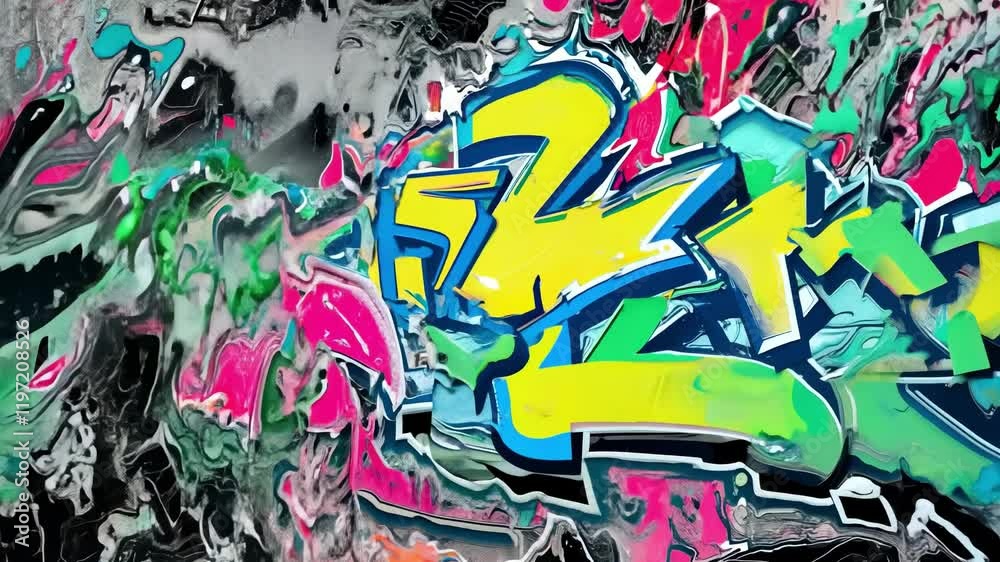 Colorful graffiti textures transforming and melting on black background