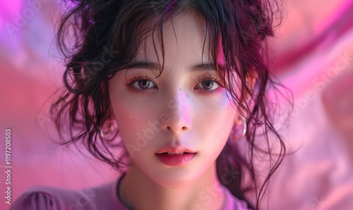 Portrait of a Beautiful Asian Girl in Soft Pink Light