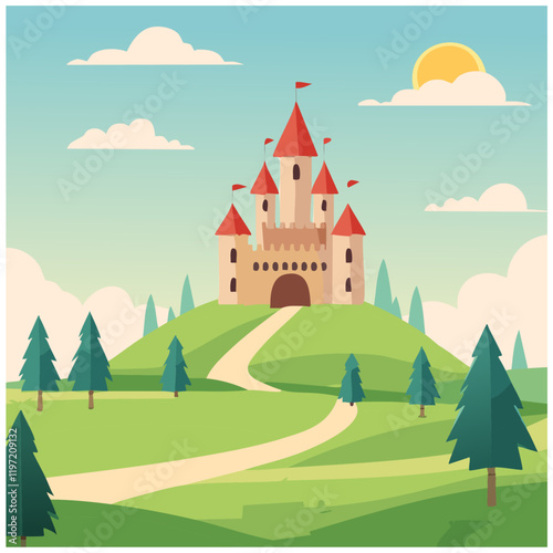 Märchenhaftes Schloss in einer grünen Landschaft – Vektor Illustration