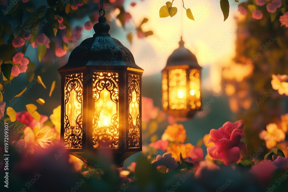 Fototapeta premium Eid Mubarak and Ramadan Kareem greetings with Islamic lanterns and floral decorations.