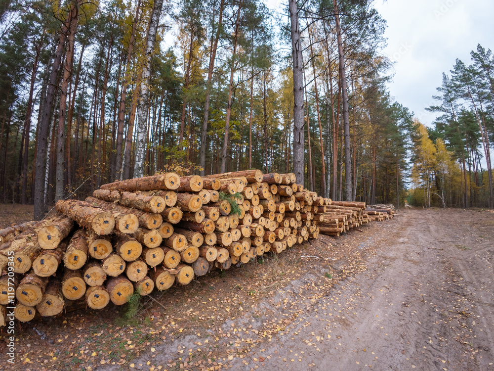 Pile of cut trees in forest. Logging industry, cutting trees in spruce forest, many log trunks Pile of cut trees in forest. Logging industry, cutting trees in spruce forest, many log trunks