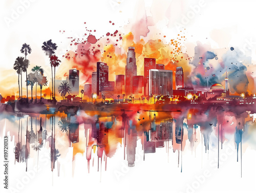 Los Angeles skyline watercolor on white. Generative AI
