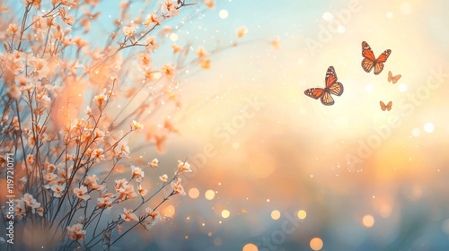 Delicate butterflies dancing among blossoming flowers at sunset nature scene close-up view tranquil environment symbol of transformation