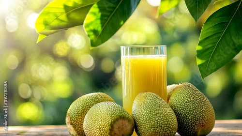 Freshly squeezed jackfruit juice sits beside ripe jackfruits under sunlight in a lush garden
