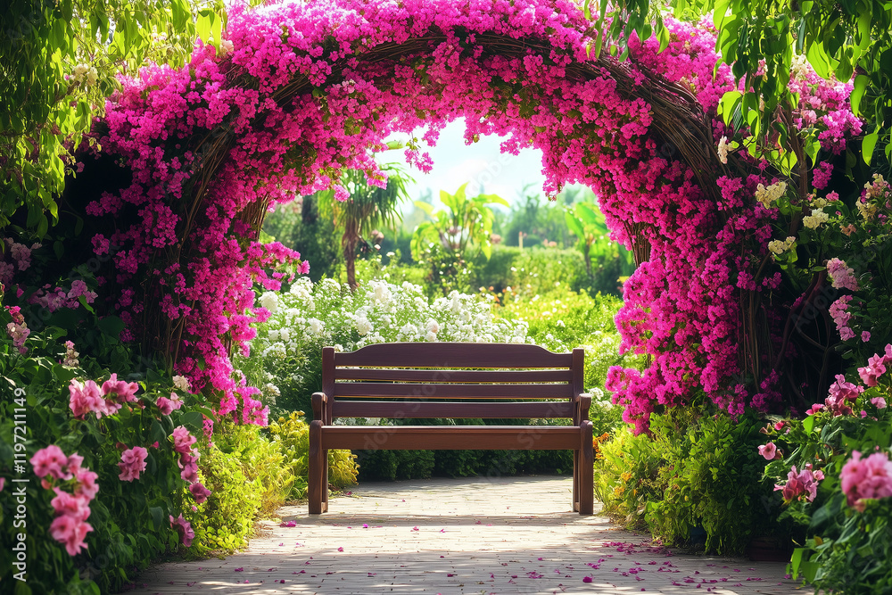 A cozy garden bench under an archway of blooming Valentine-themed flowers, postcard design with space for greetings. Valentine concept, landscape design A cozy garden bench under an archway of blooming Valentine-themed flowers, postcard design with space for greetings. Valentine concept, landscape design