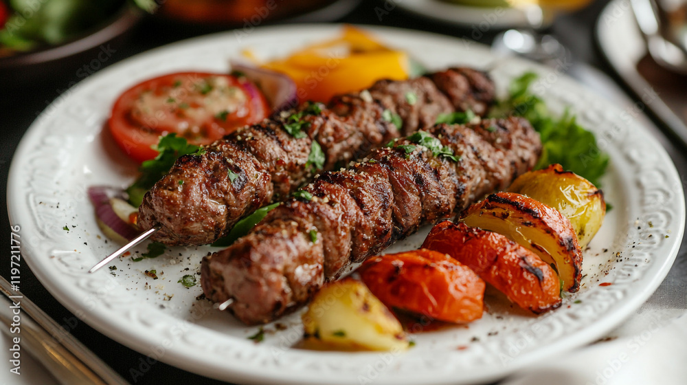 Delicious kebabs with meat and vegetables served on a white plate, perfect for a savory meal Delicious kebabs with meat and vegetables served on a white plate, perfect for a savory meal