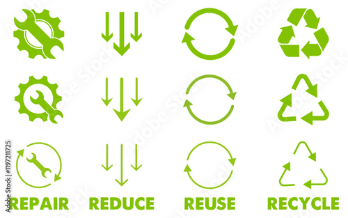 Recycle Reduce reuse repair icon set triangle circle arrow green sign symbol rotation eco friendly system nature save earth organic color garbase waste renewable