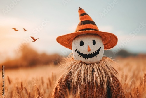 A scarecrow standing tall in the middle of a wheat field, with birds flying in the distance photo