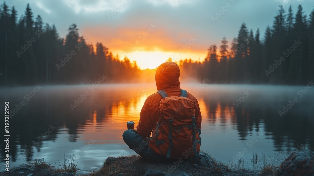 Person sitting by a tranquil lake at sunset, reflecting on nature with a warm orange glow illuminating the landscape and surrounded by tall trees. Generative AI Person sitting by a tranquil lake at sunset, reflecting on nature with a warm orange glow illuminating the landscape and surrounded by tall trees. Generative AI