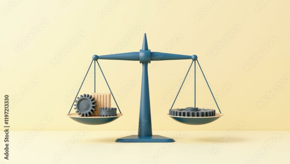 Blue balance scale with gear and coins comparing values, symbolizing finance or business concept, ideal for economics, investment, or legal topics, simple yellow background, minimalistic modern style Blue balance scale with gear and coins comparing values, symbolizing finance or business concept, ideal for economics, investment, or legal topics, simple yellow background, minimalistic modern style