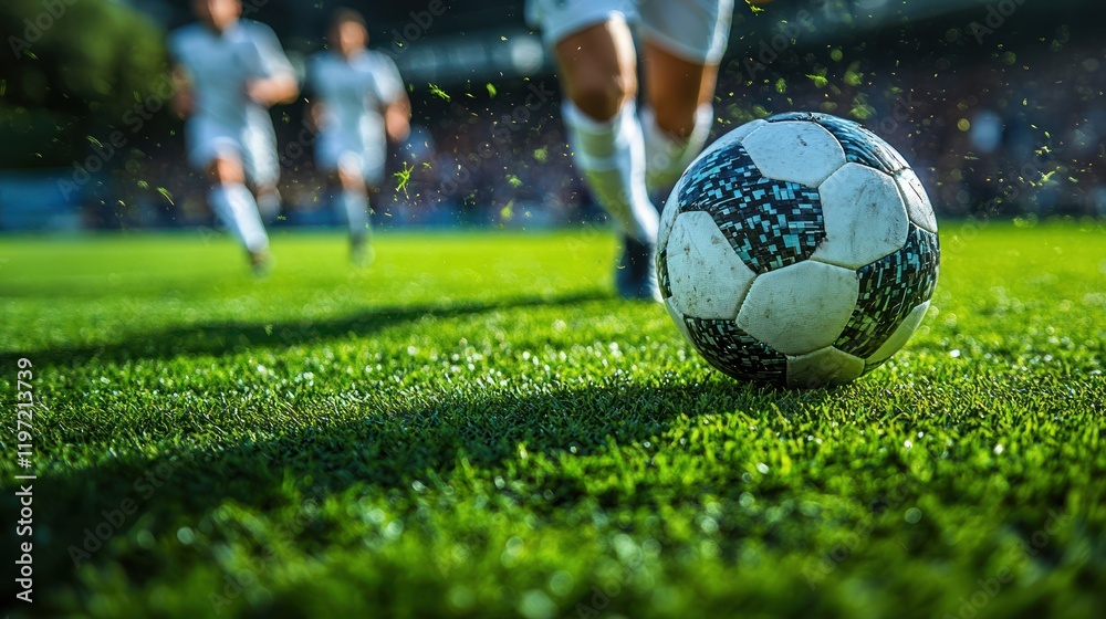 Obraz premium Soccer Ball on Green Field, Blurred Players in Background, Intense Game