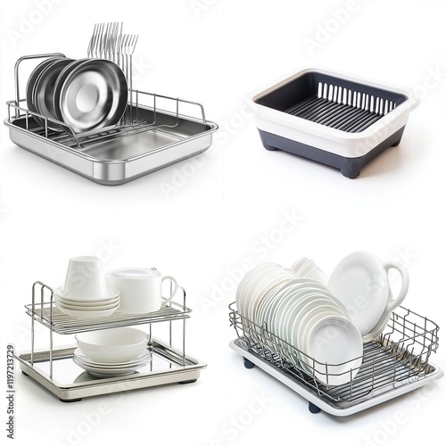 Four dish drying racks stainless steel, plastic, and chrome wire. photo