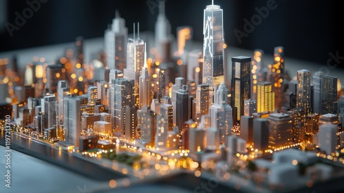 A detailed miniature cityscape featuring illuminated buildings and intricate designs, showcasing a vibrant urban environment.