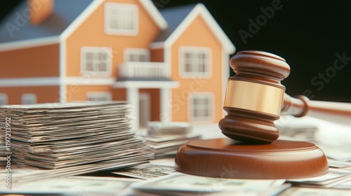 A gavel rests on a stack of money in front of a model house, symbolizing real estate law, property transactions, and financial decisions.